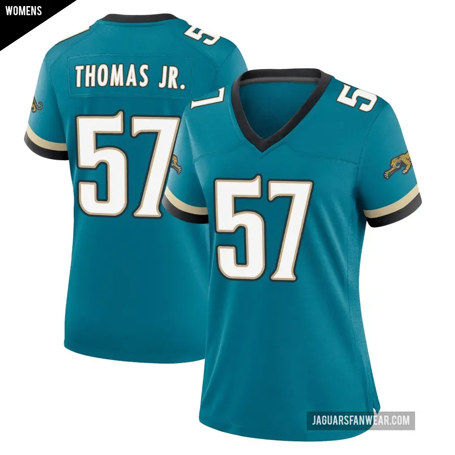 Women's Jacksonville Jaguars ＃57 Bryan Thomas Jr. Teal Game Prowler Throwback Jersey