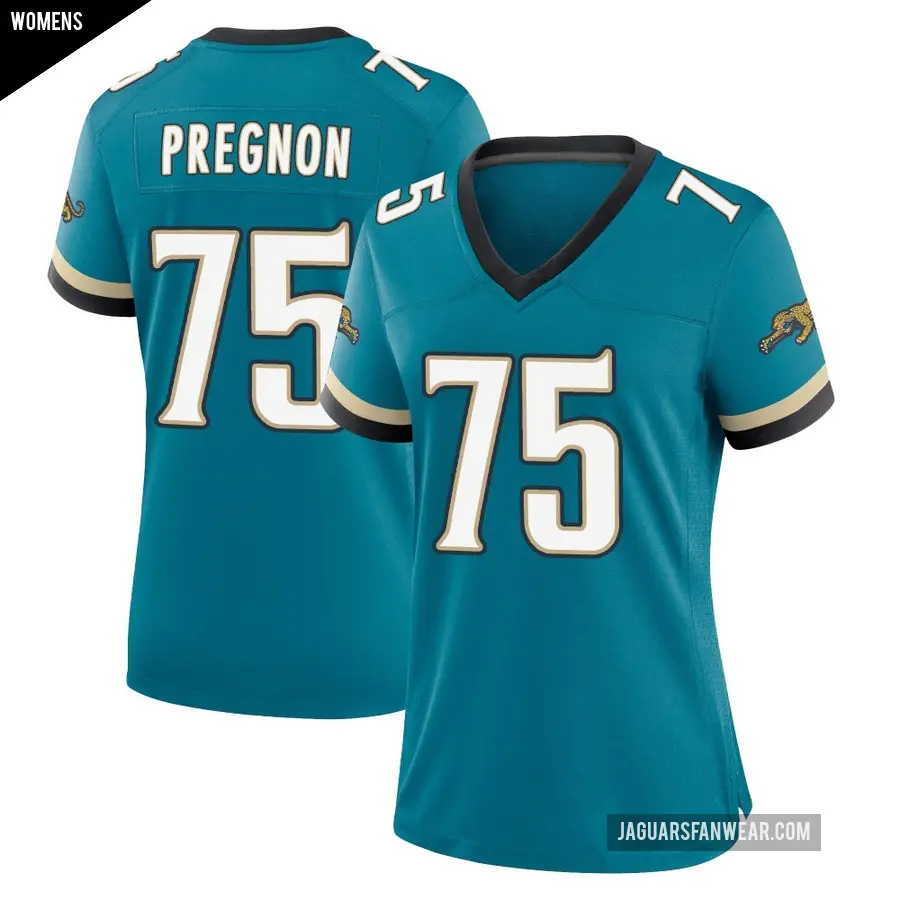 Women's Jacksonville Jaguars ＃75 Emmanuel Pregnon Teal Game Prowler Throwback Jersey