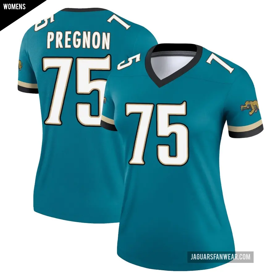 Women's Jacksonville Jaguars ＃75 Emmanuel Pregnon Teal Legend Prowler Throwback Jersey