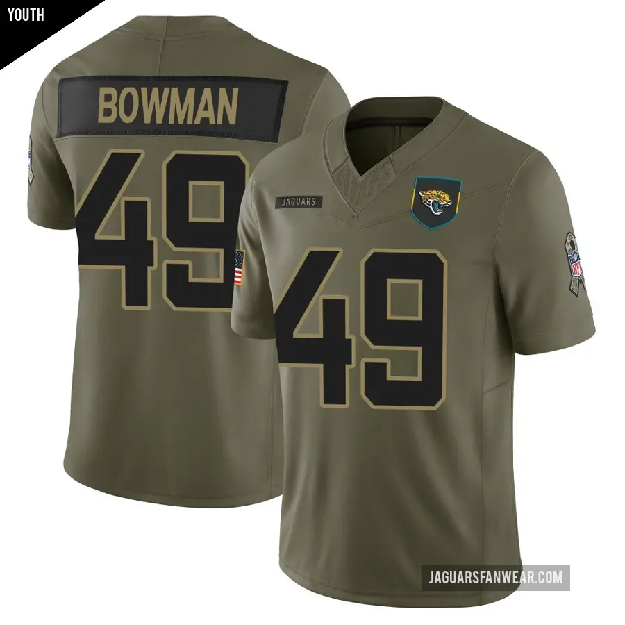 Youth Jacksonville Jaguars ＃49 Shawn Bowman Olive Limited 2025 Salute to Service Jersey