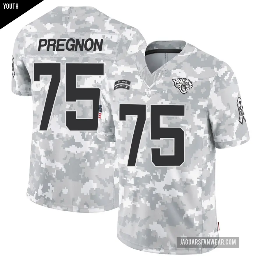 Youth Jacksonville Jaguars ＃75 Emmanuel Pregnon Arctic Camo Limited 2024 Salute to Service Jersey