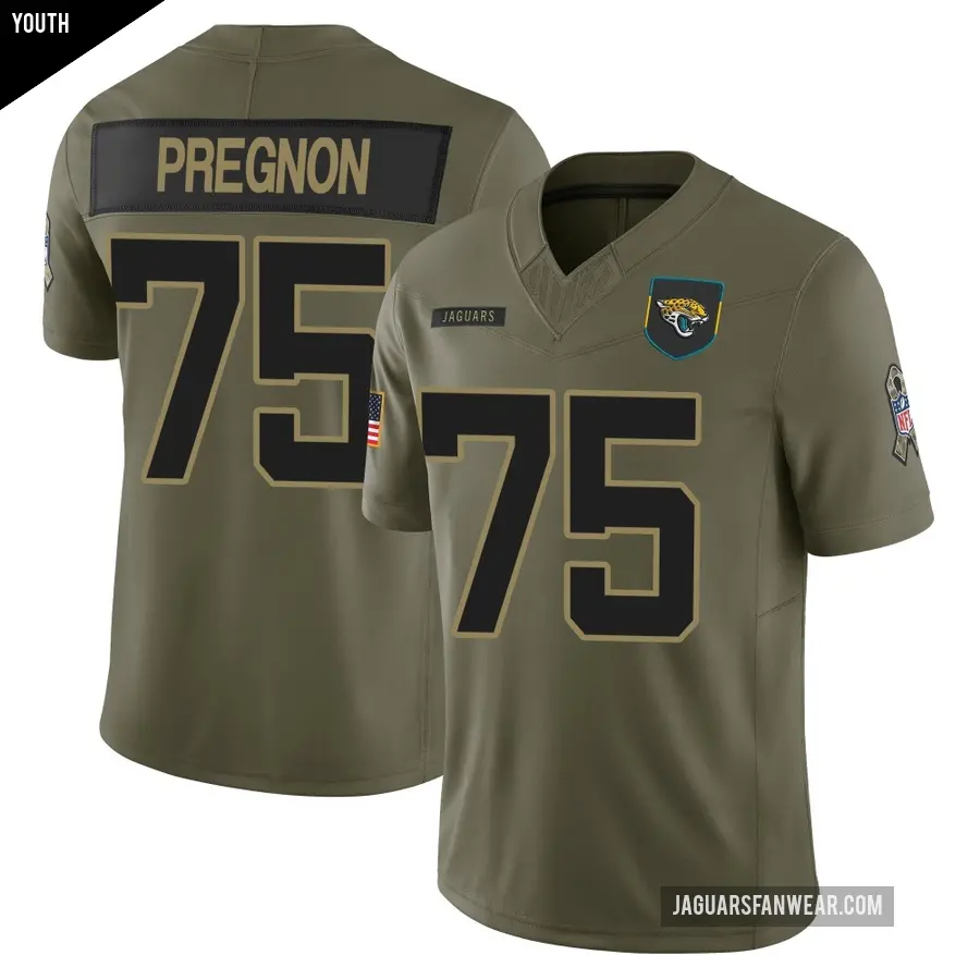 Youth Jacksonville Jaguars ＃75 Emmanuel Pregnon Olive Limited 2025 Salute to Service Jersey